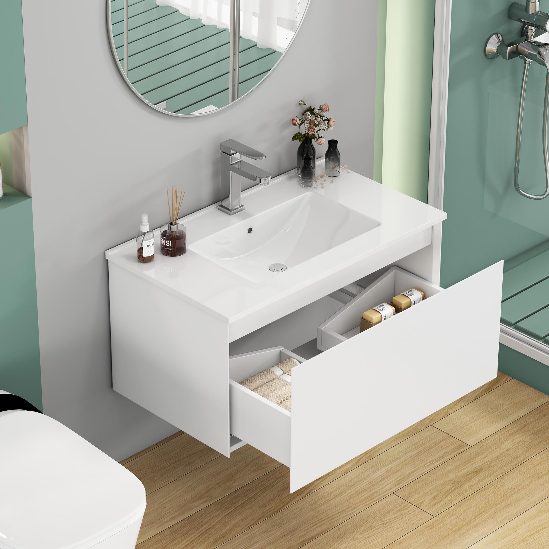 32-Inch Wall-Mounted Bathroom Vanity with 1 Big Drawers, Soft-Close System,Ceramic Sink,No Handle Design,Solid Wood,Painting Finish,Easy to Install,The Faucet Is Not Included,Matt White