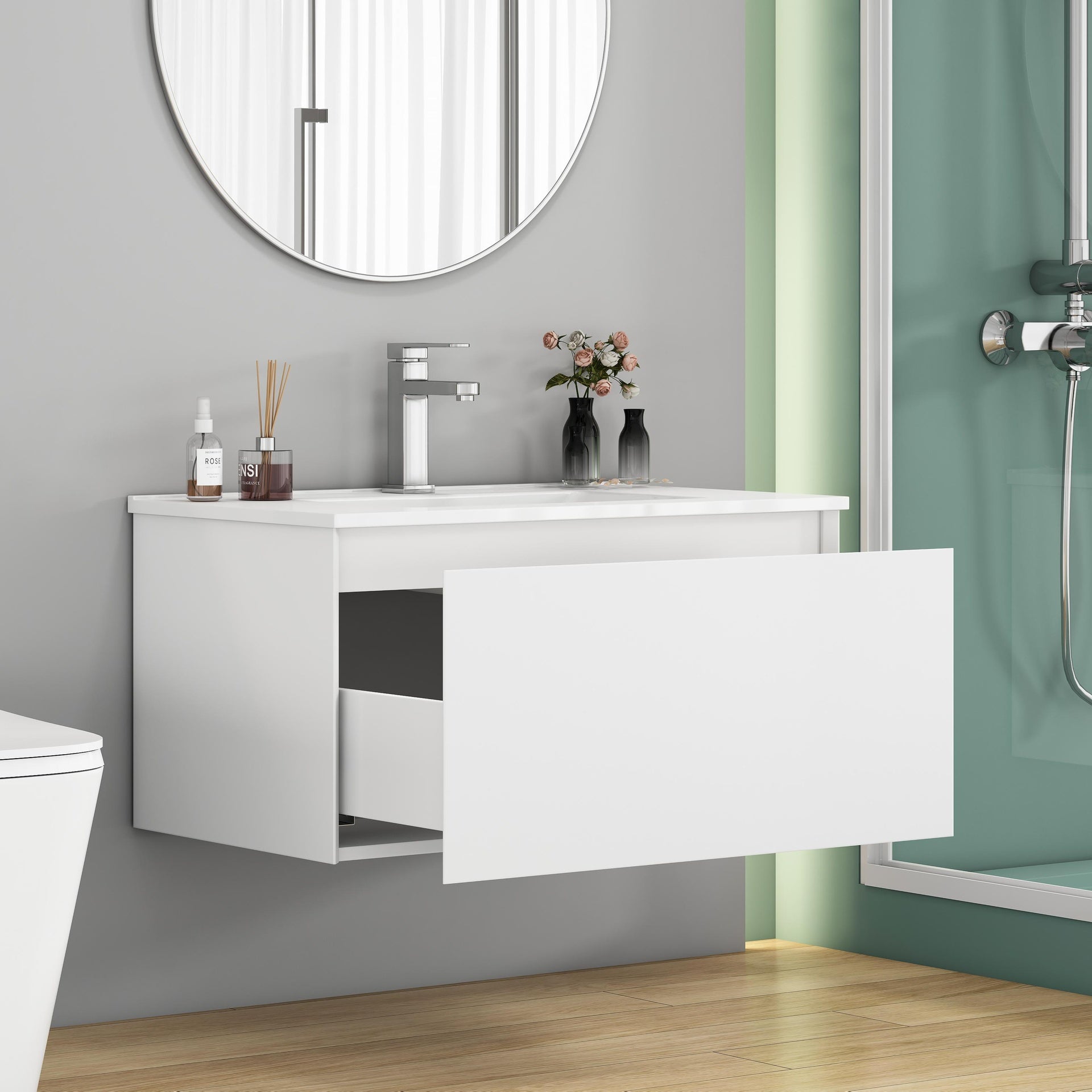 32-Inch Wall-Mounted Bathroom Vanity with 1 Big Drawers, Soft-Close System,Ceramic Sink,No Handle Design,Solid Wood,Painting Finish,Easy to Install,The Faucet Is Not Included,Matt White