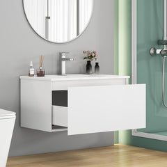 32-Inch Wall-Mounted Bathroom Vanity with 1 Big Drawers, Soft-Close System,Ceramic Sink,No Handle Design,Solid Wood,Painting Finish,Easy to Install,The Faucet Is Not Included,Matt White
