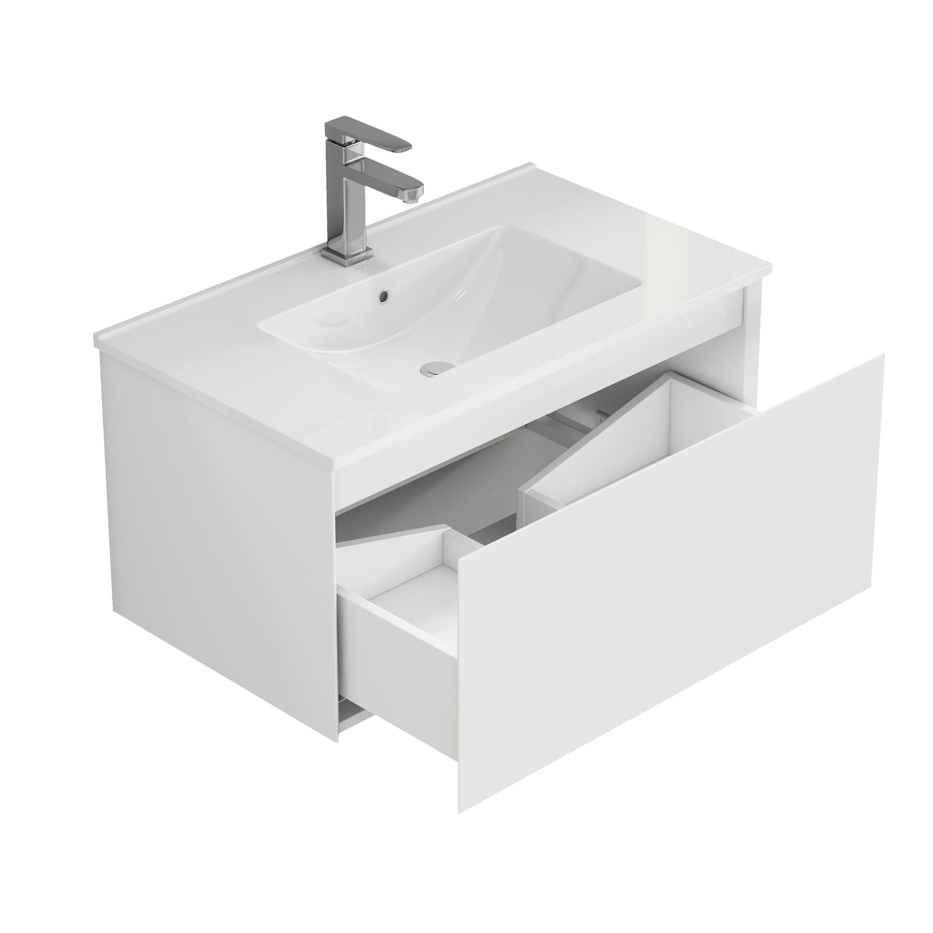 32-Inch Wall-Mounted Bathroom Vanity with 1 Big Drawers, Soft-Close System,Ceramic Sink,No Handle Design,Solid Wood,Painting Finish,Easy to Install,The Faucet Is Not Included,Matt White