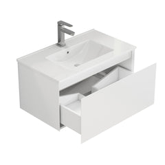 32-Inch Wall-Mounted Bathroom Vanity with 1 Big Drawers, Soft-Close System,Ceramic Sink,No Handle Design,Solid Wood,Painting Finish,Easy to Install,The Faucet Is Not Included,Matt White