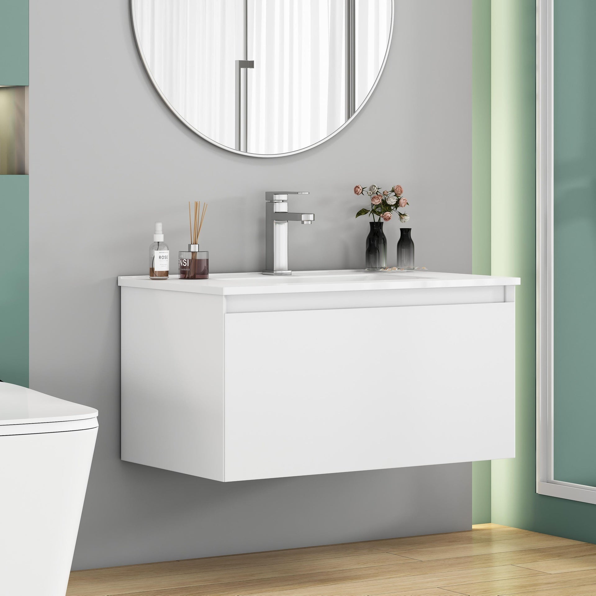 32-Inch Wall-Mounted Bathroom Vanity with 1 Big Drawers, Soft-Close System,Ceramic Sink,No Handle Design,Solid Wood,Painting Finish,Easy to Install,The Faucet Is Not Included,Matt White