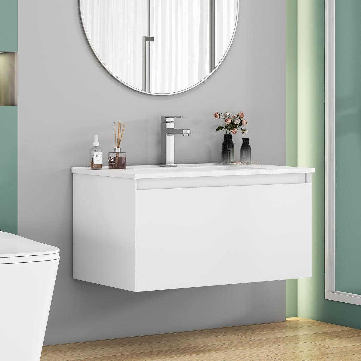 32-Inch Wall-Mounted Bathroom Vanity with 1 Big Drawers, Soft-Close System,Ceramic Sink,No Handle Design,Solid Wood,Painting Finish,Easy to Install,The Faucet Is Not Included,Matt White