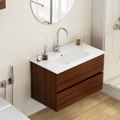 32-Inch Wall-Mounted Bathroom Vanity with Double Drawers, Soft-Close System,Ceramic Sink,No Handle Design,Solid Wood,Easy to Install,The Faucet Is Not Included,Walnut
