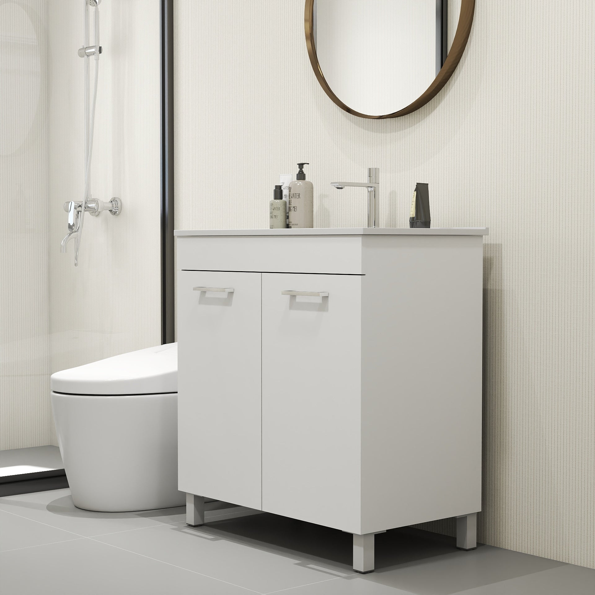 32-Inch Floor-Mounted Bathroom Vanity with Sink Combo,Double Doors With Soft Close Hinges,Bathroom Cabinet With Adjust Shelf,Metal Handle ,Ceramic Basin,Adjustable Silver Feet,Glossy White