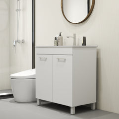 32-Inch Floor-Mounted Bathroom Vanity with Sink Combo,Double Doors With Soft Close Hinges,Bathroom Cabinet With Adjust Shelf,Metal Handle ,Ceramic Basin,Adjustable Silver Feet,Glossy White