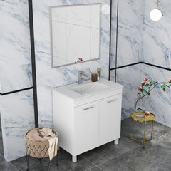 32-Inch Floor-Mounted Bathroom Vanity with Sink and Mirror Combo,Double Doors With Soft Close Hinges,Bathroom Cabinet With Adjust Shelf,Metal Handle ,Ceramic Basin,Adjustable Silver Feet,Glossy White