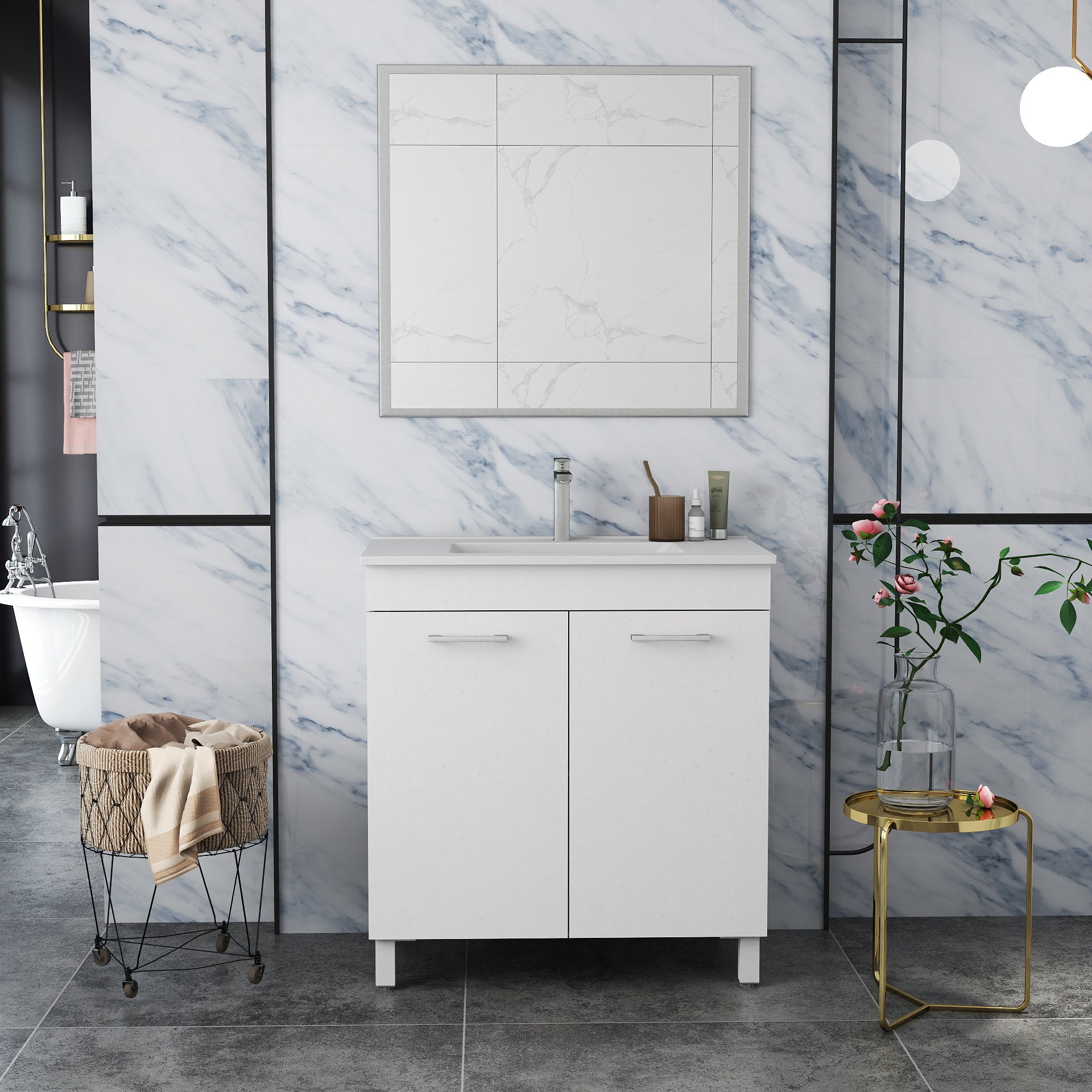 32-Inch Floor-Mounted Bathroom Vanity with Sink and Mirror Combo,Double Doors With Soft Close Hinges,Bathroom Cabinet With Adjust Shelf,Metal Handle ,Ceramic Basin,Adjustable Silver Feet,Glossy White