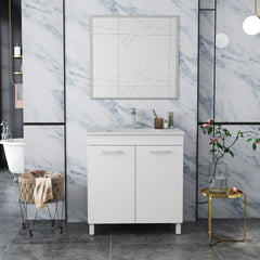 32-Inch Floor-Mounted Bathroom Vanity with Sink and Mirror Combo,Double Doors With Soft Close Hinges,Bathroom Cabinet With Adjust Shelf,Metal Handle ,Ceramic Basin,Adjustable Silver Feet,Glossy White