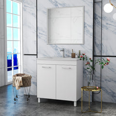 32-Inch Floor-Mounted Bathroom Vanity with Sink and Mirror Combo,Double Doors With Soft Close Hinges,Bathroom Cabinet With Adjust Shelf,Metal Handle ,Ceramic Basin,Adjustable Silver Feet,Glossy White