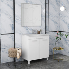 32-Inch Floor-Mounted Bathroom Vanity with Sink and Mirror Combo,Double Doors With Soft Close Hinges,Bathroom Cabinet With Adjust Shelf,Metal Handle ,Ceramic Basin,Adjustable Silver Feet,Glossy White