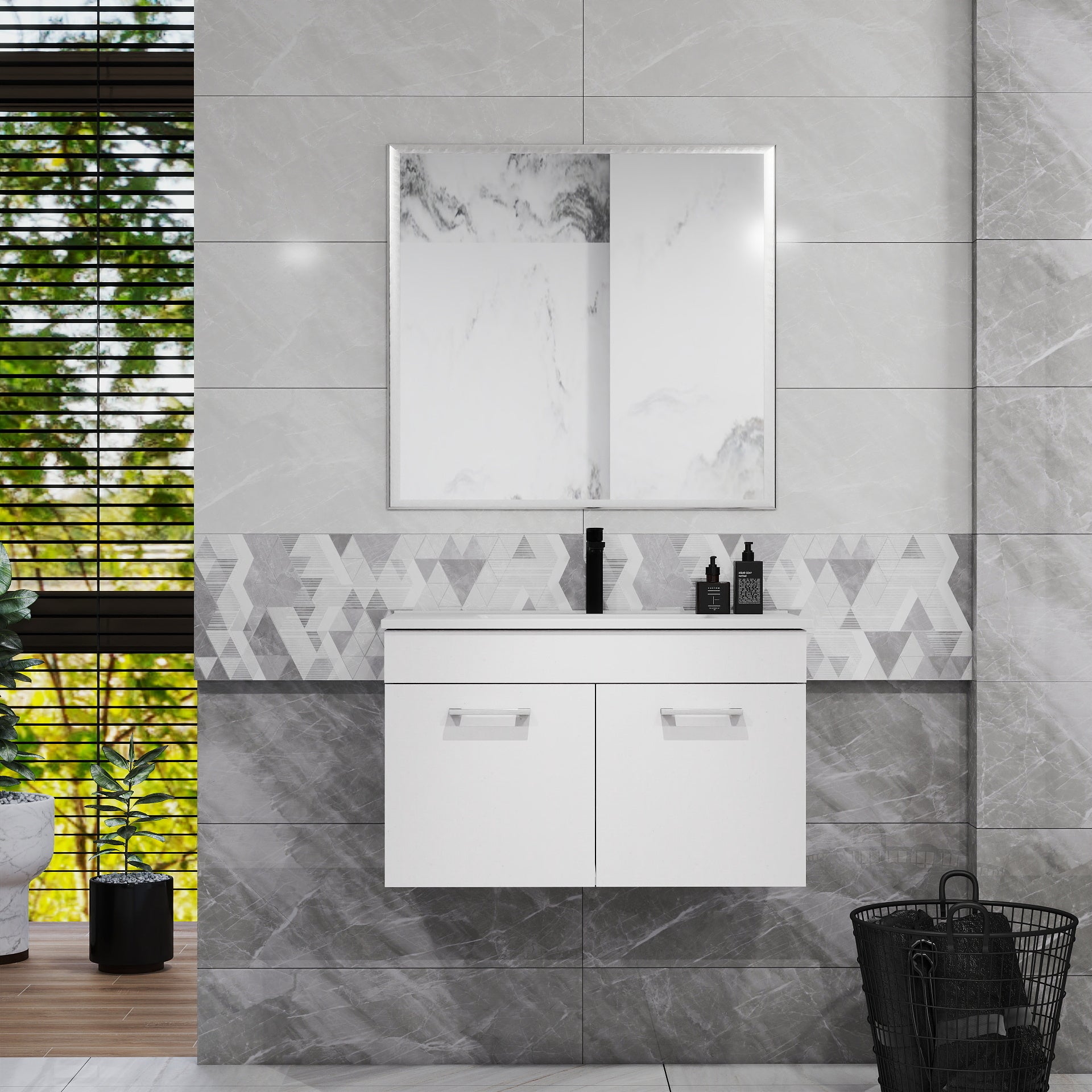 32-Inch Bathroom Vanity With Sink and Mirror Combo,Wall-Mounted Bathroom Vanity with Double Doors, Silver aluminum frame,Soft Close Hinges,Long metal handles,Ceramic basin,Glossy White