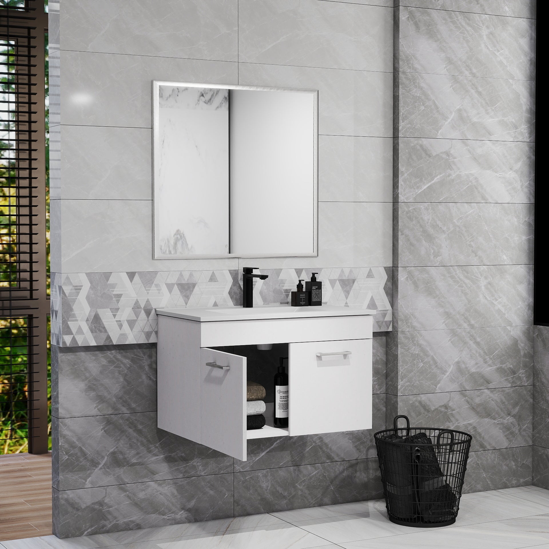 32-Inch Bathroom Vanity With Sink and Mirror Combo,Wall-Mounted Bathroom Vanity with Double Doors, Silver aluminum frame,Soft Close Hinges,Long metal handles,Ceramic basin,Glossy White