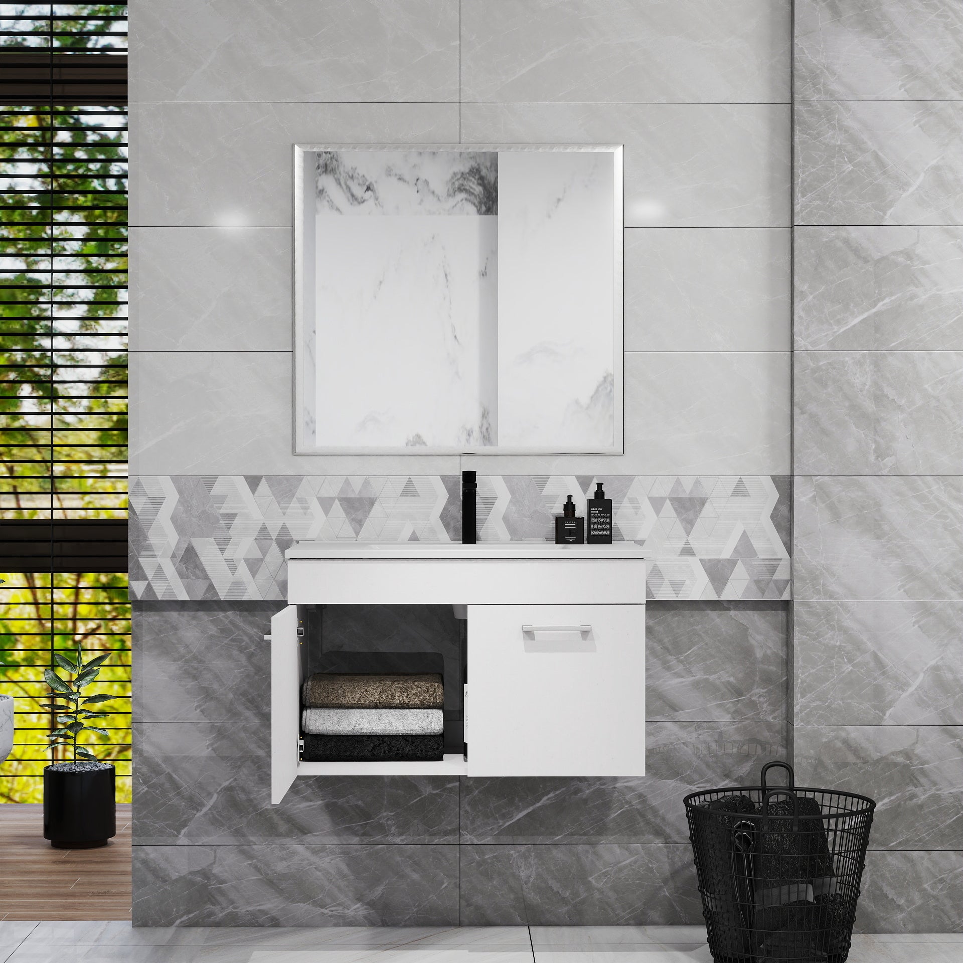32-Inch Bathroom Vanity With Sink and Mirror Combo,Wall-Mounted Bathroom Vanity with Double Doors, Silver aluminum frame,Soft Close Hinges,Long metal handles,Ceramic basin,Glossy White
