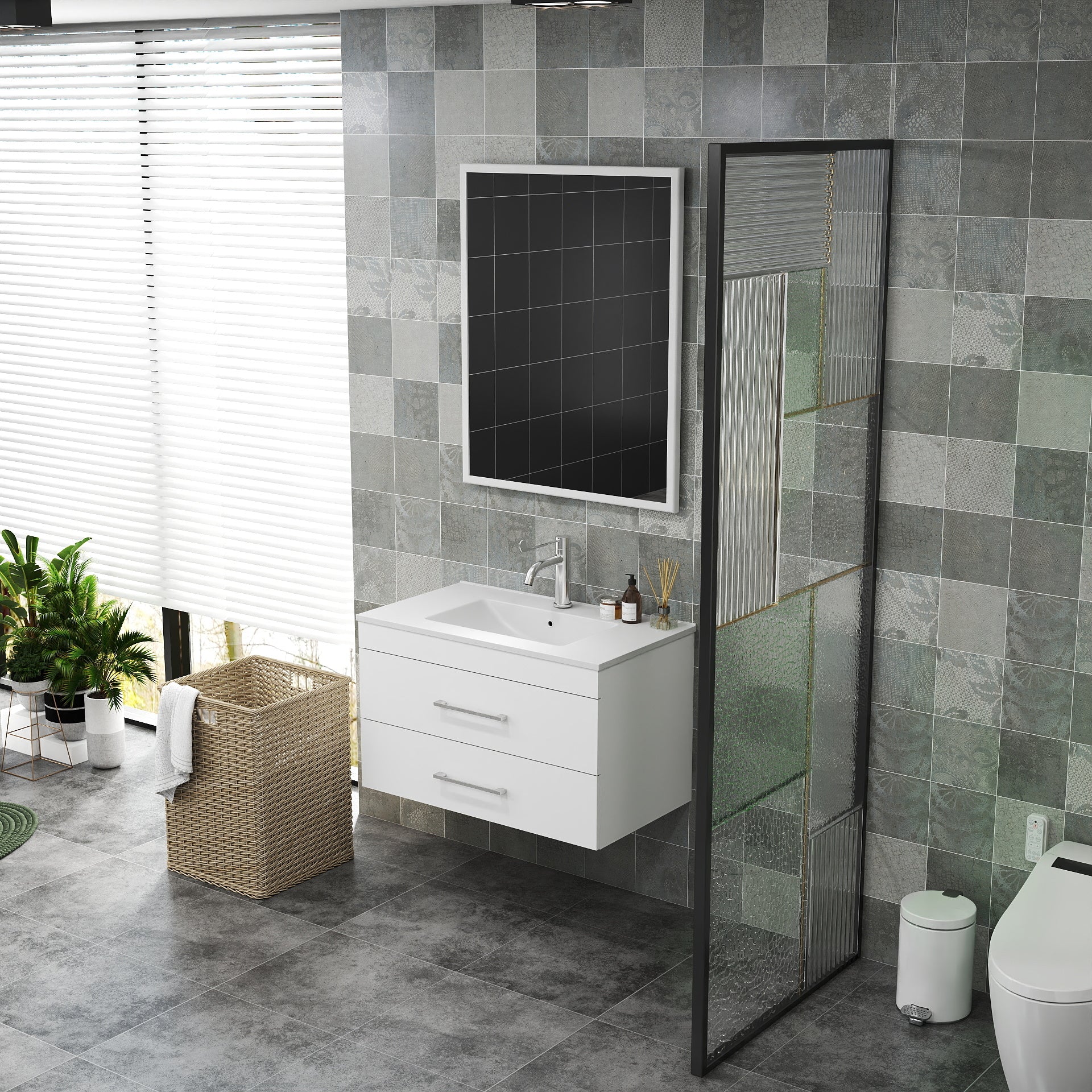 32-Inch White Gloss Wall-Mounted Bathroom Vanity with Double Drawers, Soft-Close System,Ceramic Sink, and Aluminium frame – Create a Modern and Minimalist Bathroom Space!Glossy White