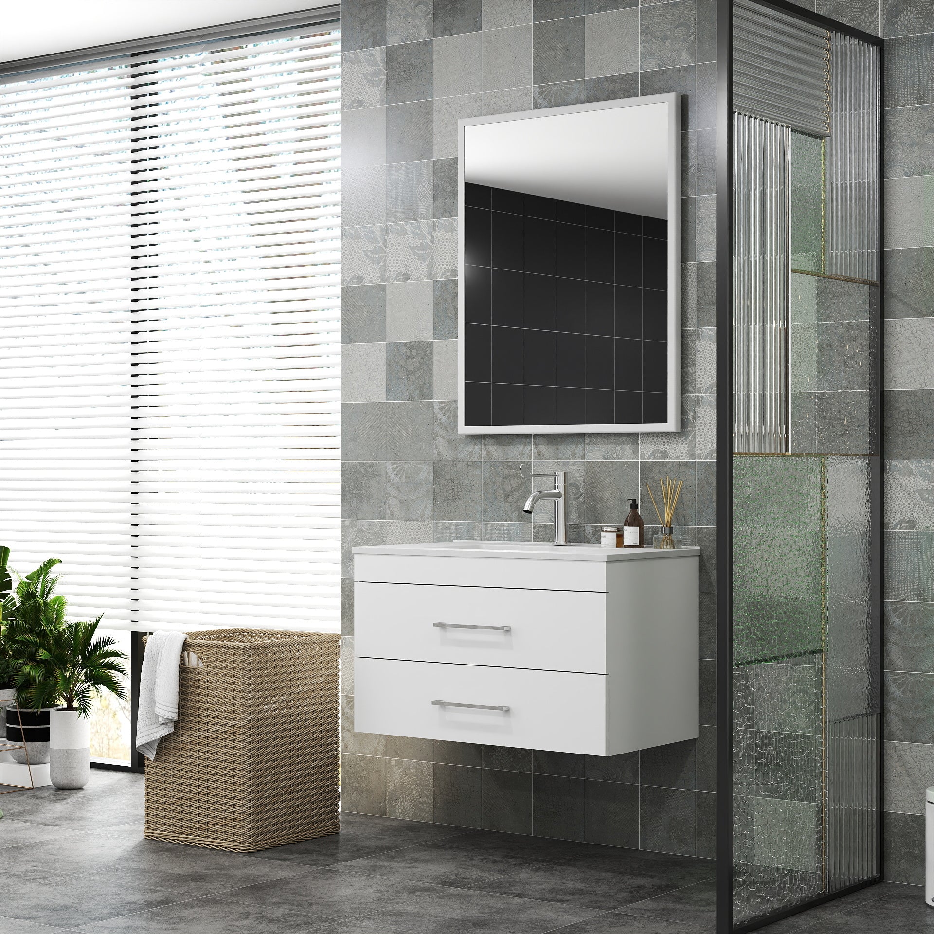 32-Inch White Gloss Wall-Mounted Bathroom Vanity with Double Drawers, Soft-Close System,Ceramic Sink, and Aluminium frame – Create a Modern and Minimalist Bathroom Space!Glossy White
