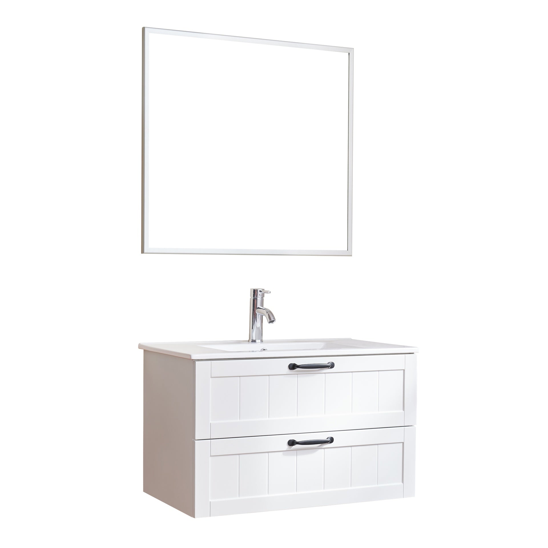 31.5inch Modern Style Bathroom Cabinet, Double Drawer With Decor Line,Wall-Mounted Bathroom Vanity with Basin & Mirror,Soft-Close System,Solide Wood,for Bathroom,White