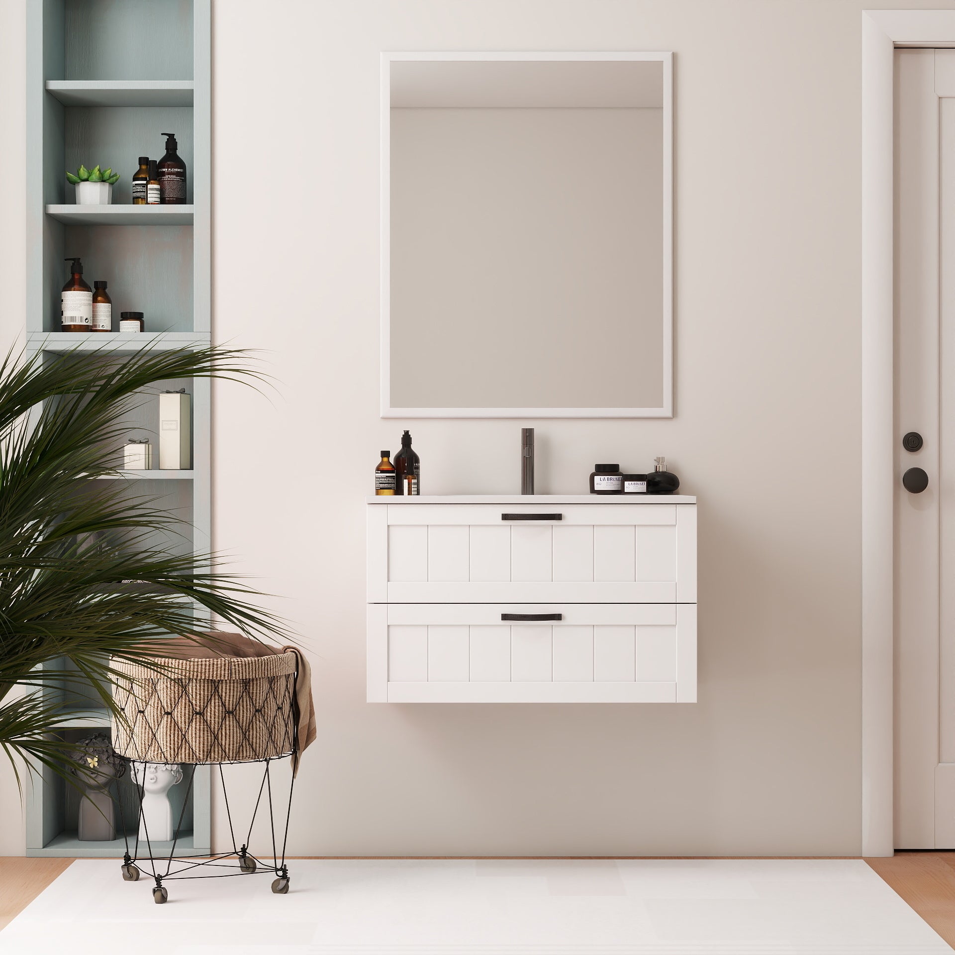 31.5inch Modern Style Bathroom Cabinet, Double Drawer With Decor Line,Wall-Mounted Bathroom Vanity with Basin & Mirror,Soft-Close System,Solide Wood,for Bathroom,White