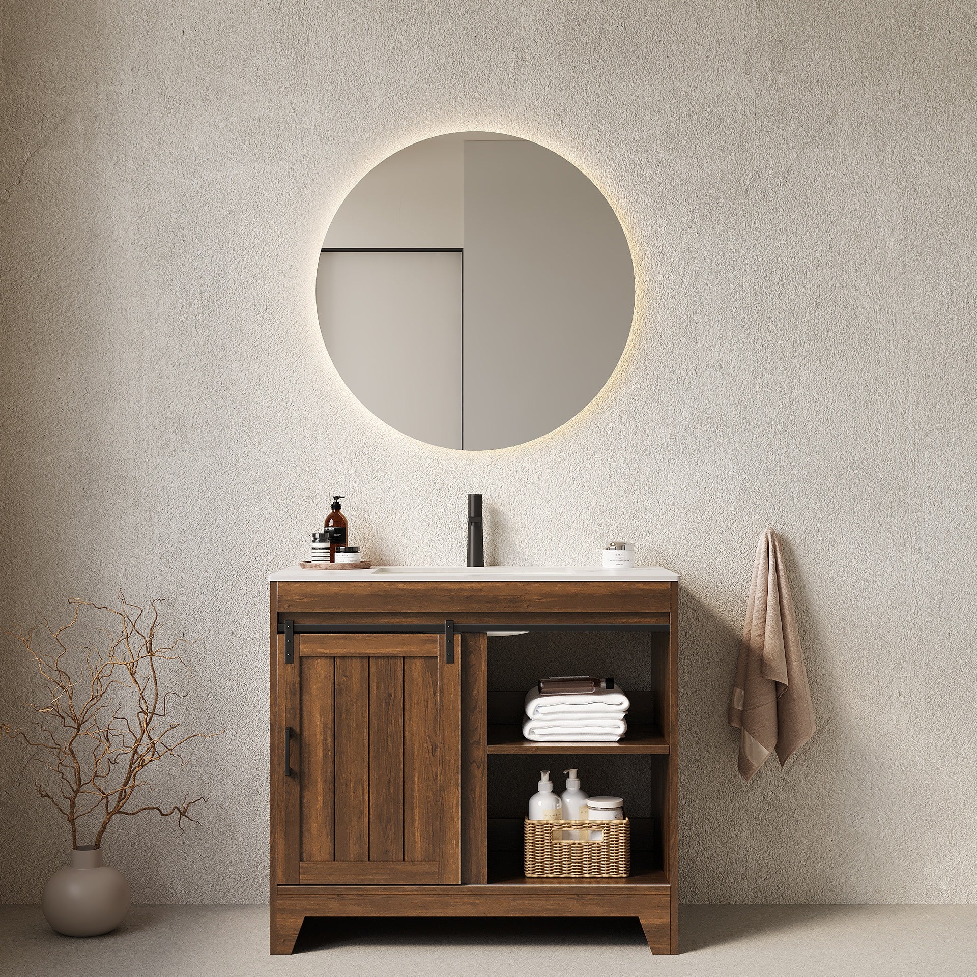 RIKA 36" Bathroom Vanity with Sink, Freestanding Farmhouse Style Bathroom Storage Cabinet with Sliding Barn Door and Shelves, Sintered Stone Countertop and Ceramic Basin, Dark Walnut Woodgrain Color