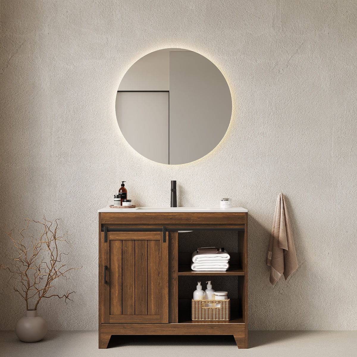 RIKA 36" Bathroom Vanity with Sink, Freestanding Farmhouse Style Bathroom Storage Cabinet with Sliding Barn Door and Shelves, Sintered Stone Countertop and Ceramic Basin, Dark Walnut Woodgrain Color
