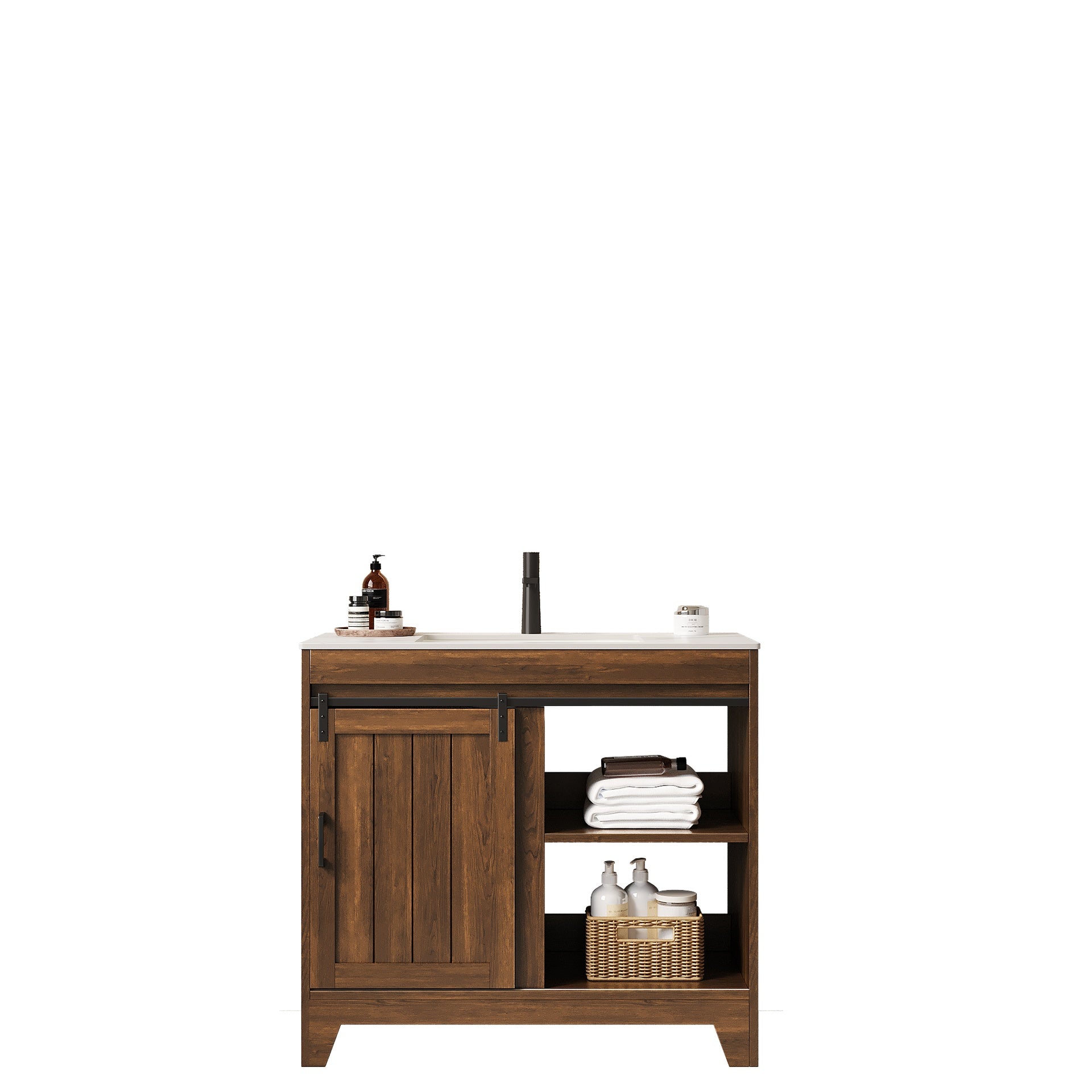 RIKA 36" Bathroom Vanity with Sink, Freestanding Farmhouse Style Bathroom Storage Cabinet with Sliding Barn Door and Shelves, Sintered Stone Countertop and Ceramic Basin, Dark Walnut Woodgrain Color