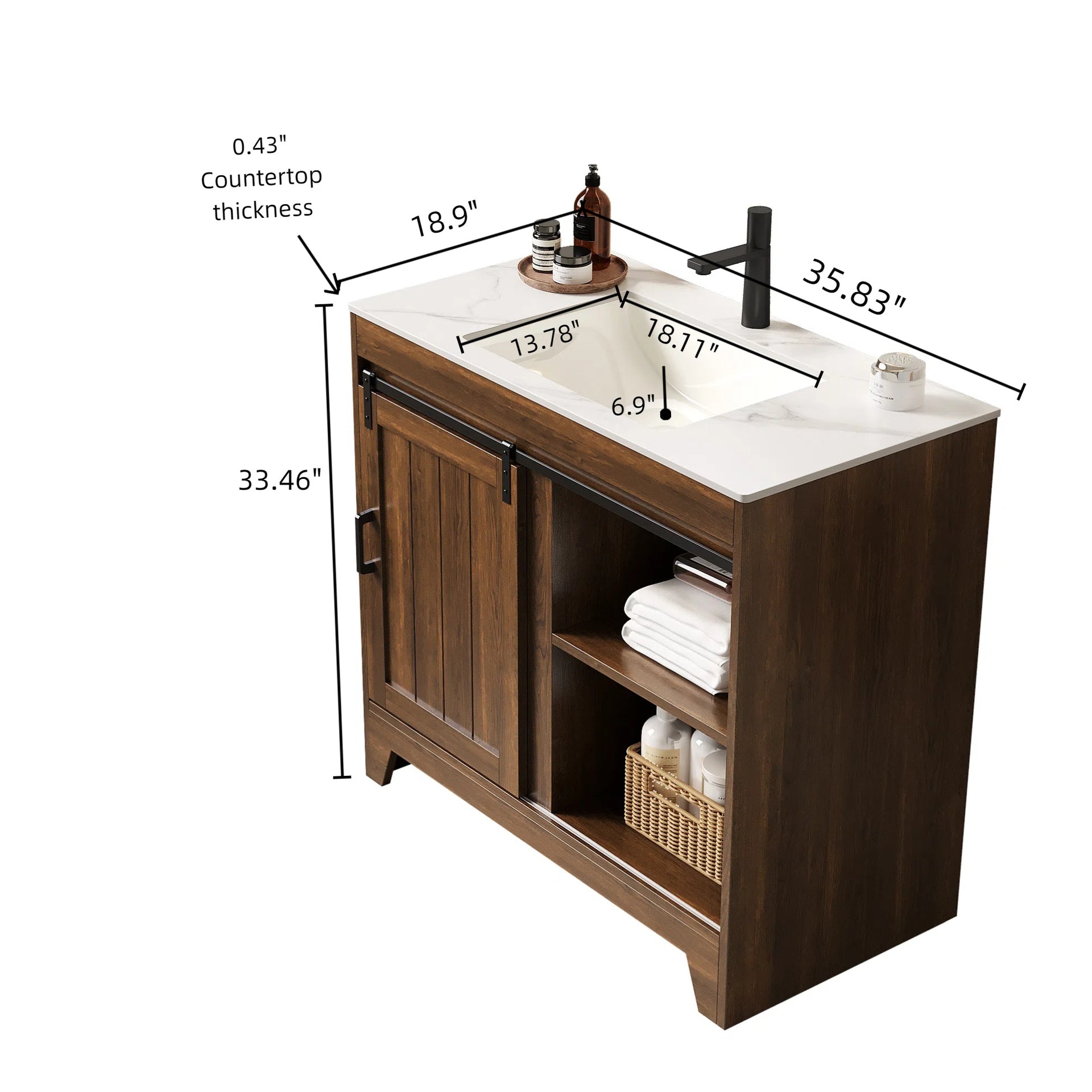 RIKA 36" Bathroom Vanity with Sink, Freestanding Farmhouse Style Bathroom Storage Cabinet with Sliding Barn Door and Shelves, Sintered Stone Countertop and Ceramic Basin, Dark Walnut Woodgrain Color