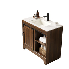 RIKA 36" Bathroom Vanity with Sink, Freestanding Farmhouse Style Bathroom Storage Cabinet with Sliding Barn Door and Shelves, Sintered Stone Countertop and Ceramic Basin, Dark Walnut Woodgrain Color