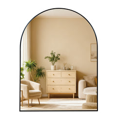 30x36 Inch Black Metal Framed Arched Bathrrom Mirror for Wall.