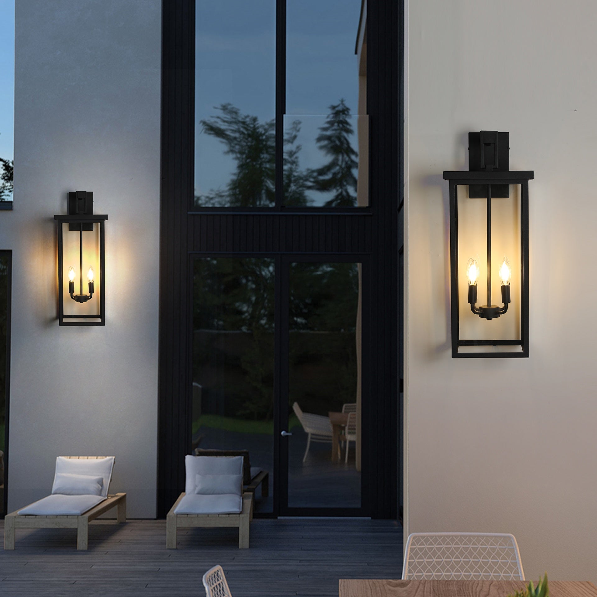 26"(H) 1ps Modern Outdoor Wall Lanterns with Black Metal Frame and Clear Glass, 4 E12 Bulb Socket, Weatherproof Wall Sconces for Porch, Garden, Patio (No Bulbs)