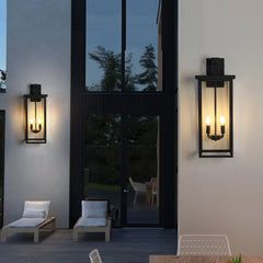 26"(H) 1ps Modern Outdoor Wall Lanterns with Black Metal Frame and Clear Glass, 4 E12 Bulb Socket, Weatherproof Wall Sconces for Porch, Garden, Patio (No Bulbs)