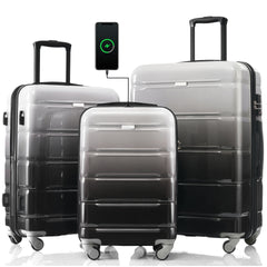 Luggage Set of 3, 20-inch with USB Port, Airline Certified Carry-on Luggage  , ABS+PC Hard Shell Luggage with Spinner Wheels,black