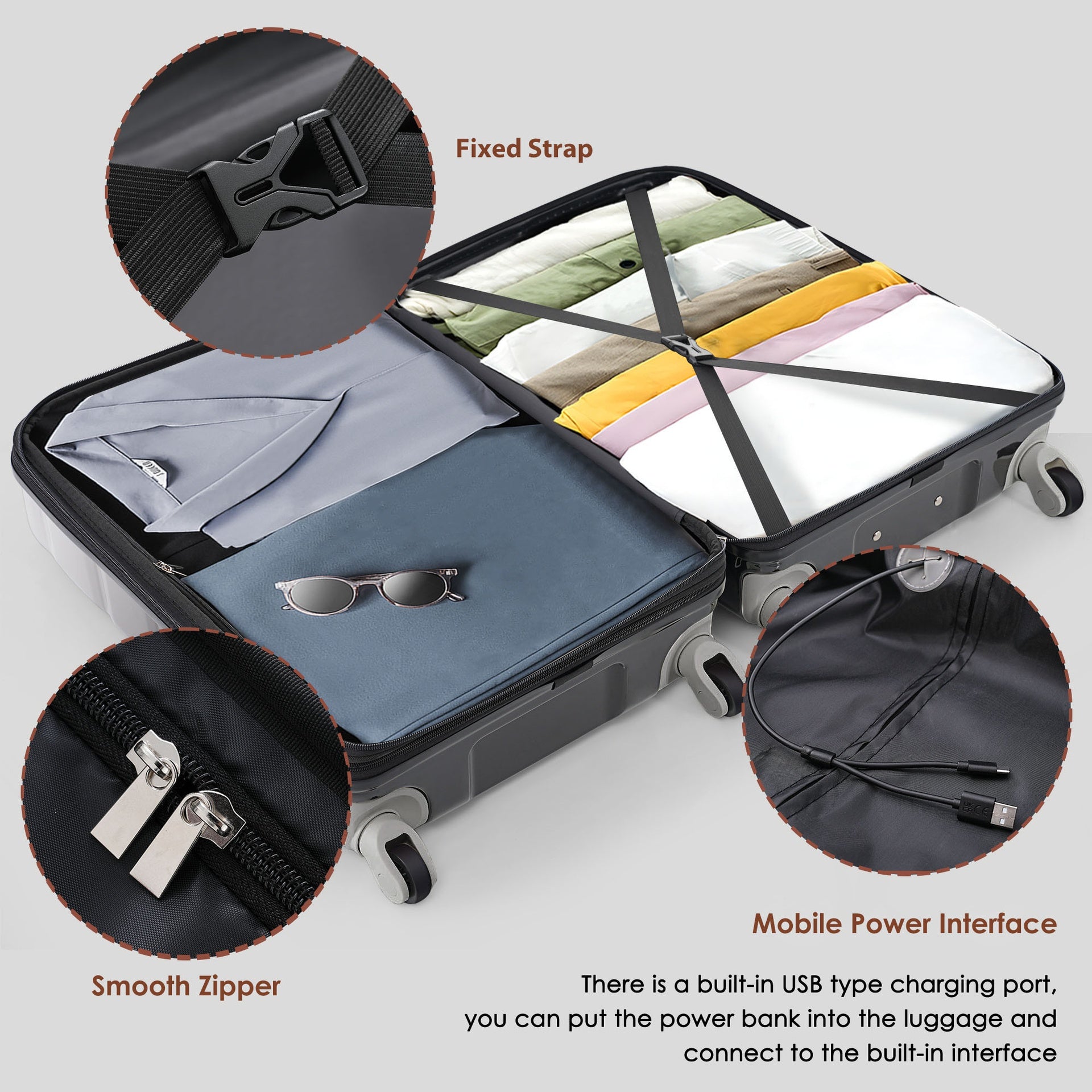 Luggage Set of 3, 20-inch with USB Port, Airline Certified Carry-on Luggage  , ABS+PC Hard Shell Luggage with Spinner Wheels,black