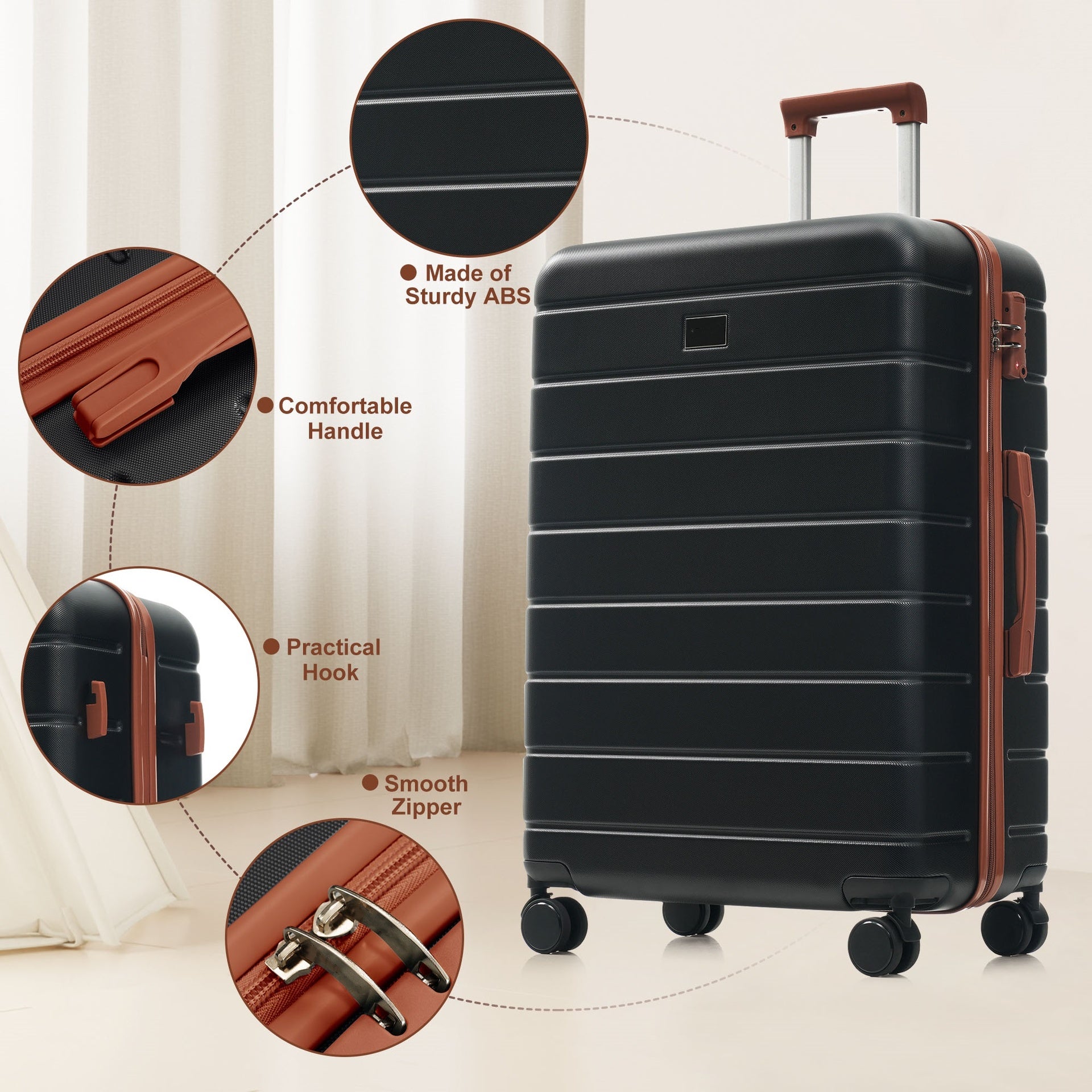Premium ABS Travel Luggage Set , 3-Piece TSA Lock Suitcase Ensemble with 20, 24, and 28 Inch Sizes with 360° Spinner Wheels, black and brown