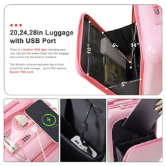 Luggage Set of 3, 20, 24, 28inch with USB Port, 20, 24inch with front opening design Airline Certified Carry on Luggage with Cup Holder, ABS+PC Hard Shell Luggage with Spinner Wheels, pink