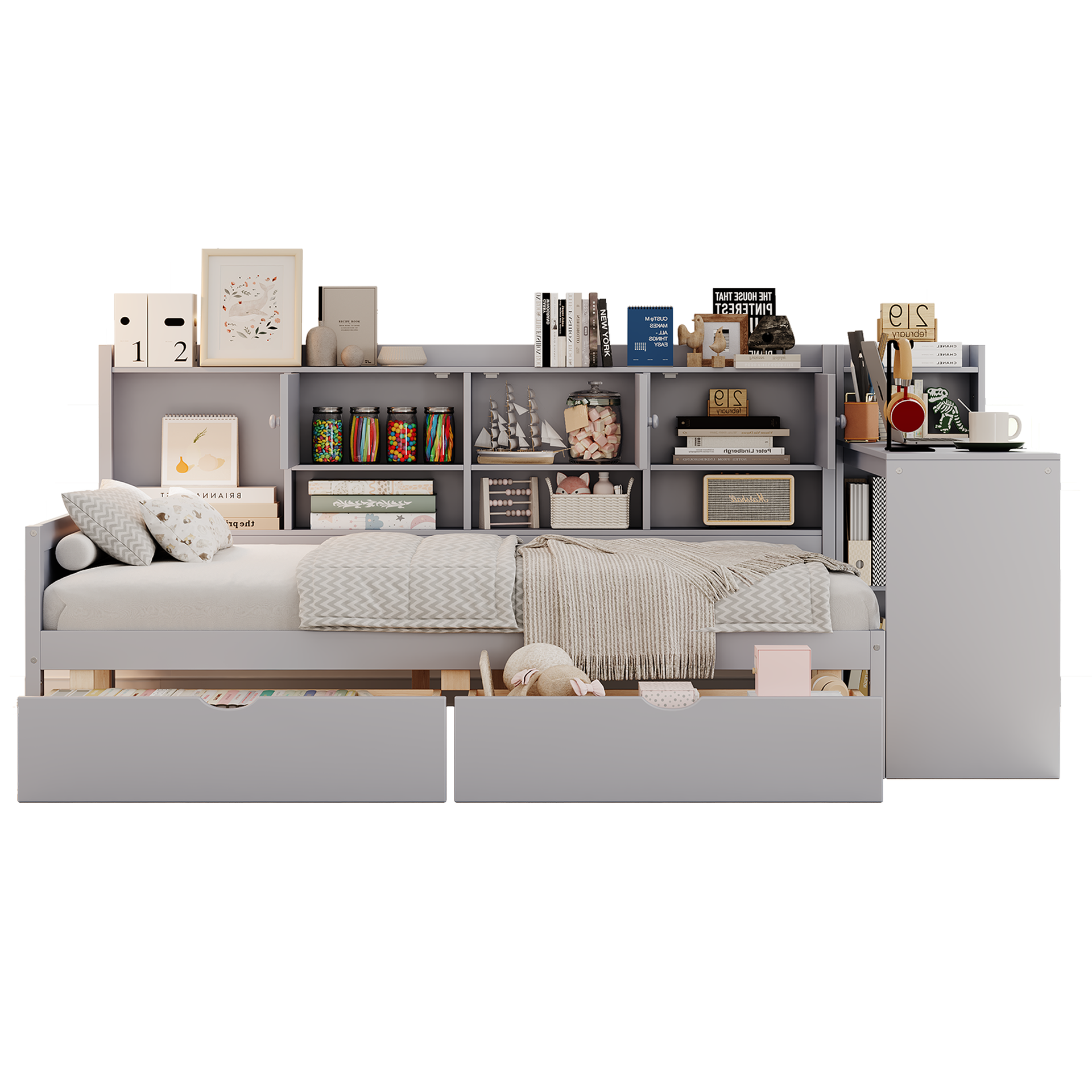 Full Size Daybed with Storage 3 Cabinets and 2 Drawers, Wooden L-Shape Daybed Frame with Study Desk and Built-in Bookshelf, Multi-functional Bed for Bedroom Guest Room,Gray
