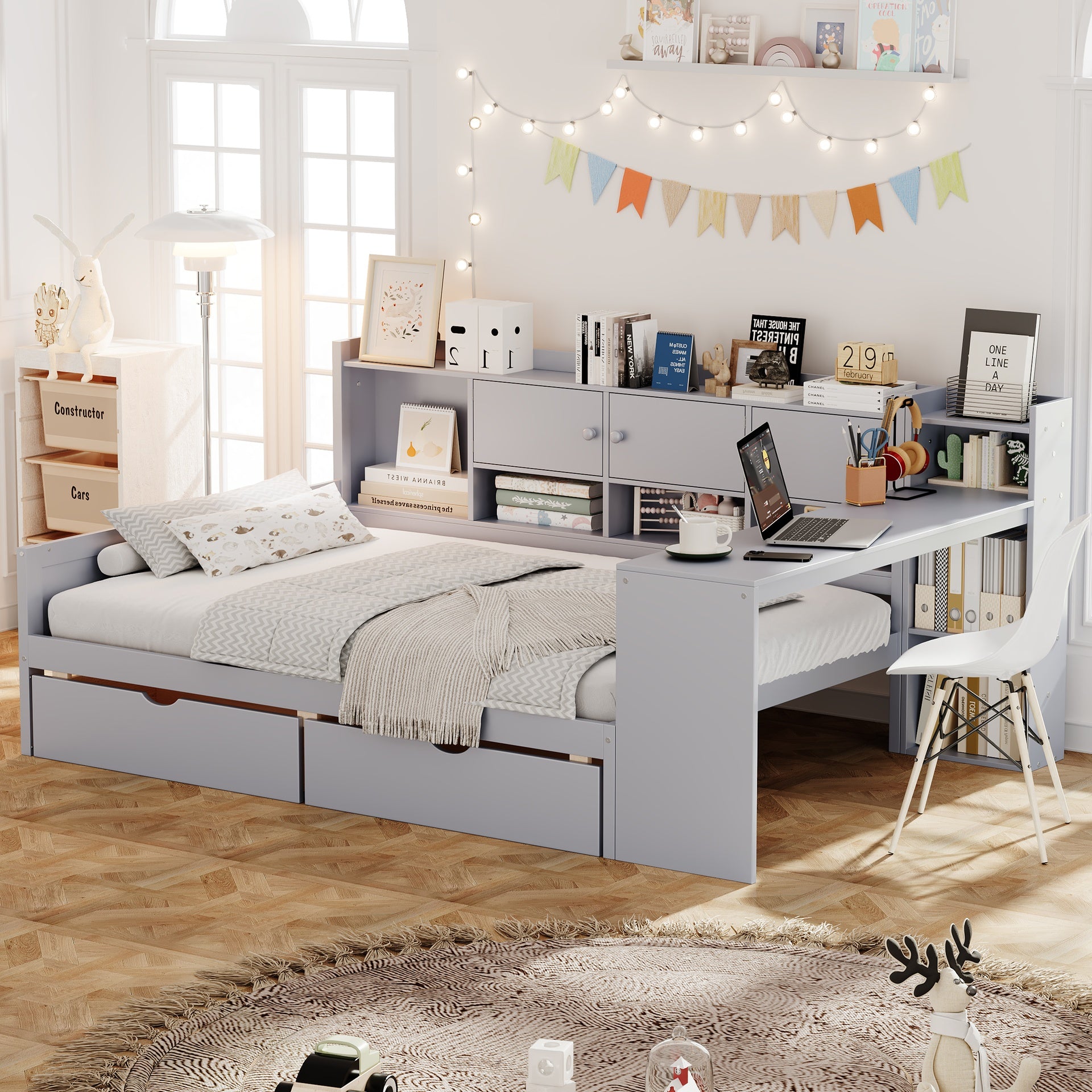 Full Size Daybed with Storage 3 Cabinets and 2 Drawers, Wooden L-Shape Daybed Frame with Study Desk and Built-in Bookshelf, Multi-functional Bed for Bedroom Guest Room,Gray