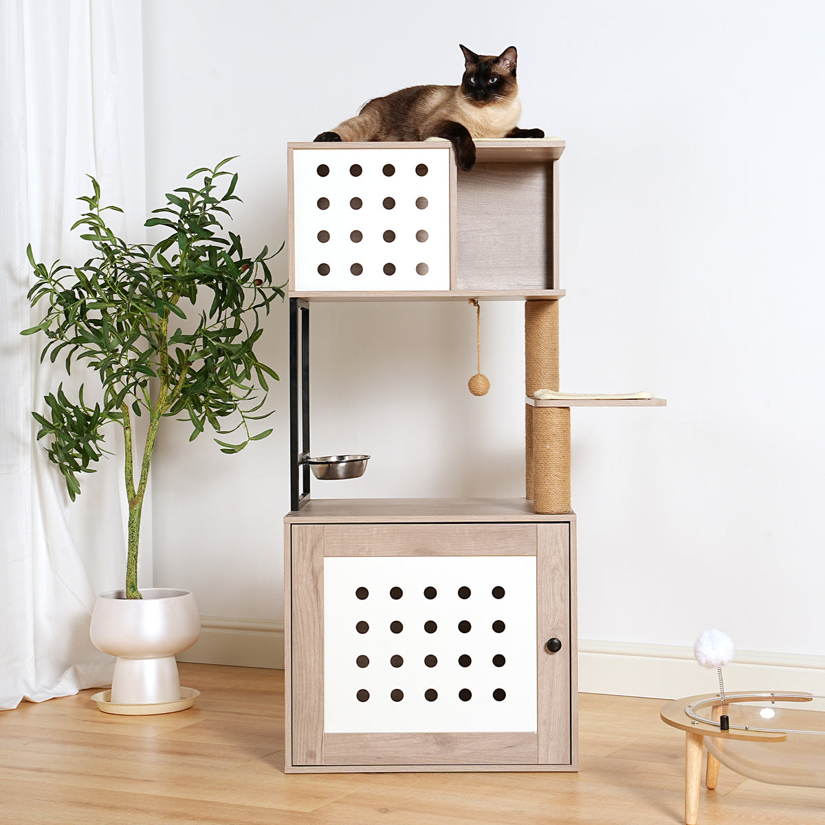 Cat Tree with Litter Box Enclosure, All-in-one Cat Tower for Indoor Cats with Large Hammock, Bed, Food Station, Scratching Posts, Modern Style Pet Furniture, Gray+white