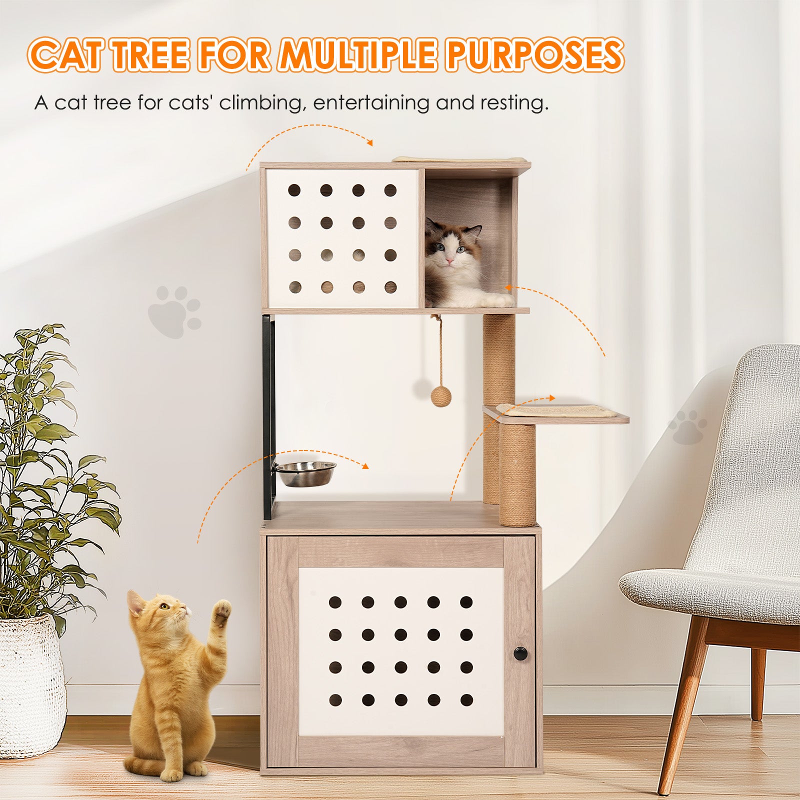Cat Tree with Litter Box Enclosure, All-in-one Cat Tower for Indoor Cats with Large Hammock, Bed, Food Station, Scratching Posts, Modern Style Pet Furniture, Gray+white