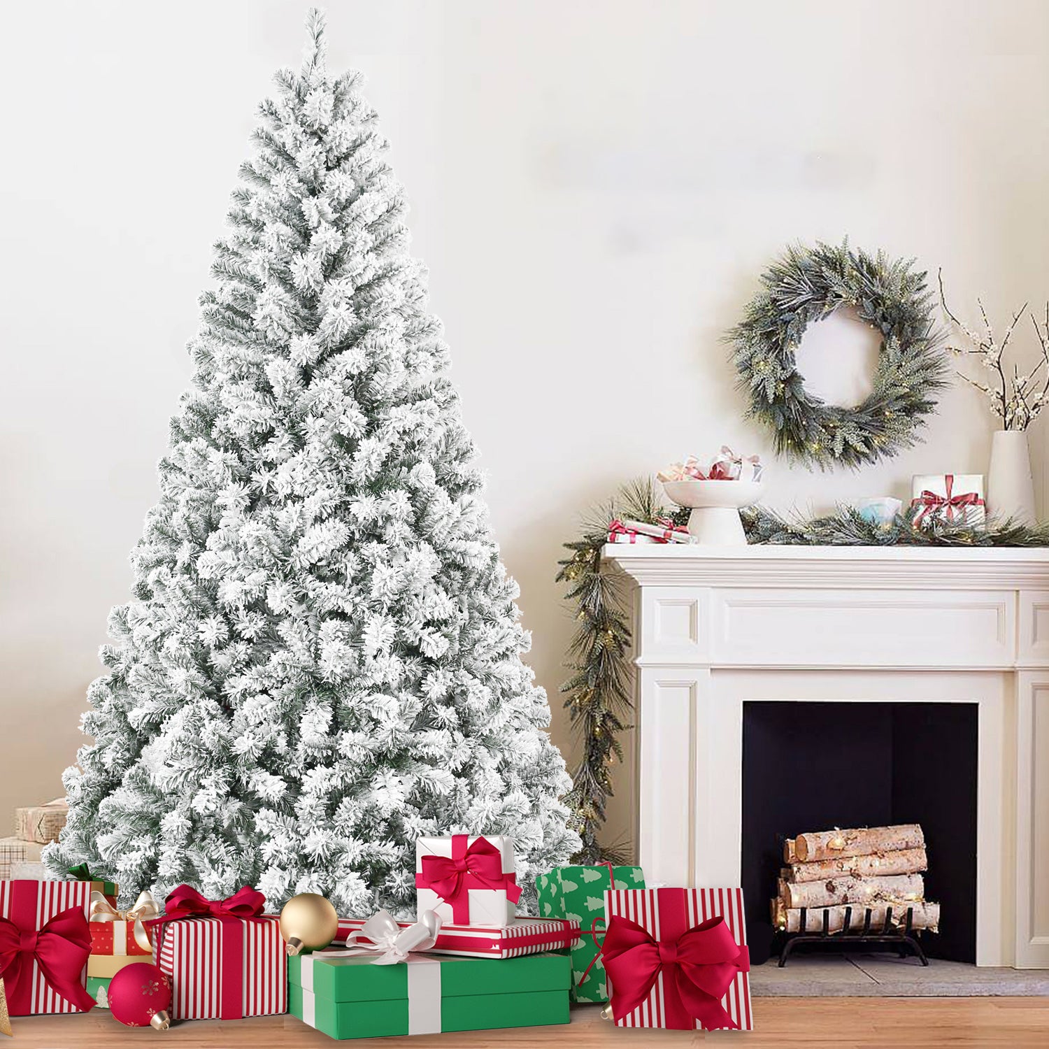 7FT Flocked Christmas Tree – Artificial Snowy Holiday Tree with 1022 Tips, Full Shape PVC, Sturdy Metal Stand, Winter Wonderland Decoration for Home, Office, or Apartment