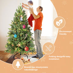 8FT Christmas Tree with 1847 Tips and 600 Warm White LED Lights – PVC+PE Mixed Branches, Hinged Structure for Easy Setup, Metal Stand for Strong Support, Lush Holiday Decoration