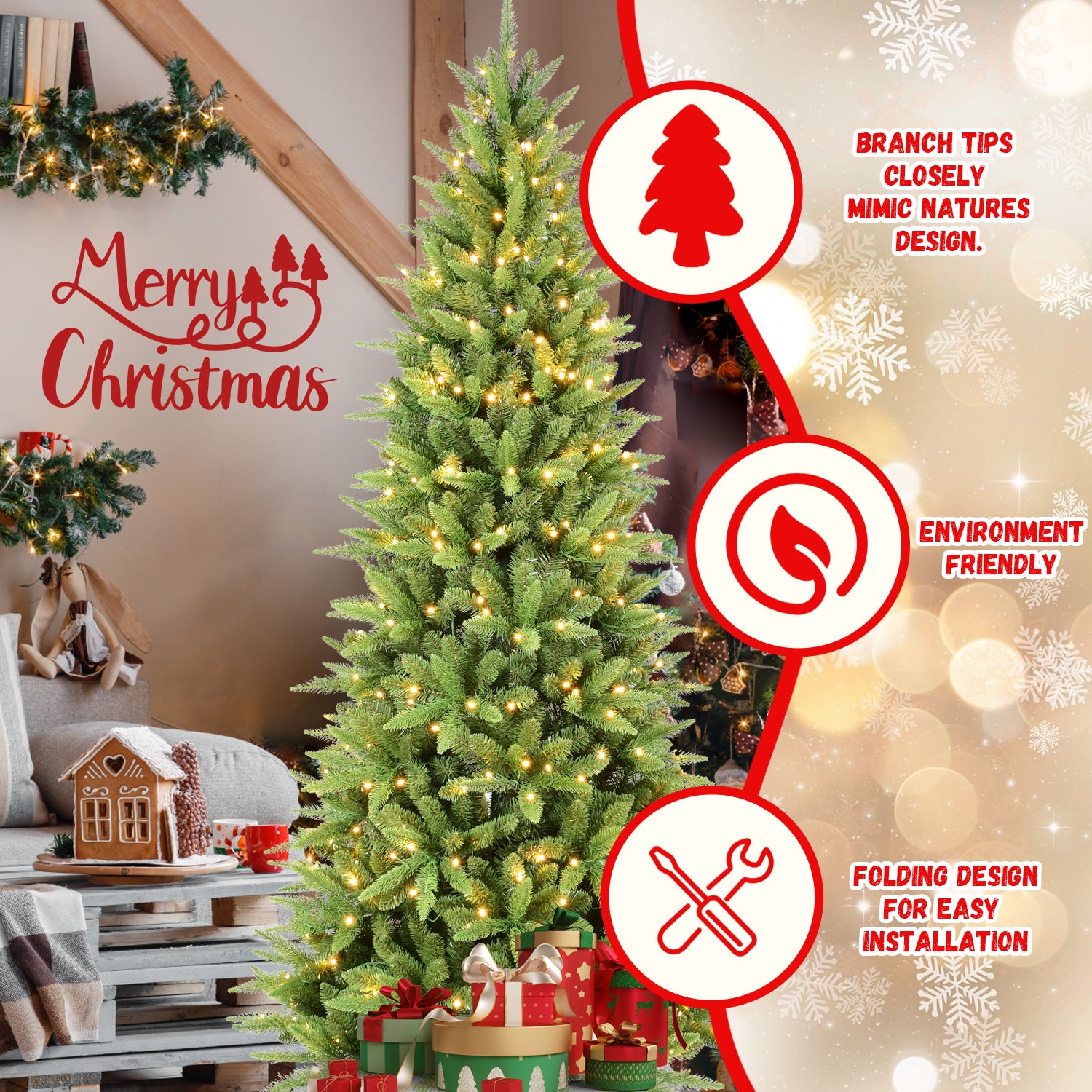 4FT Slim Christmas Tree with 150 Warm White LED Lights – 424 PE+PVC Tips, Space-Saving Hinged Design, Easy Setup, Sturdy Metal Stand – Realistic Pencil Tree for Small Spaces