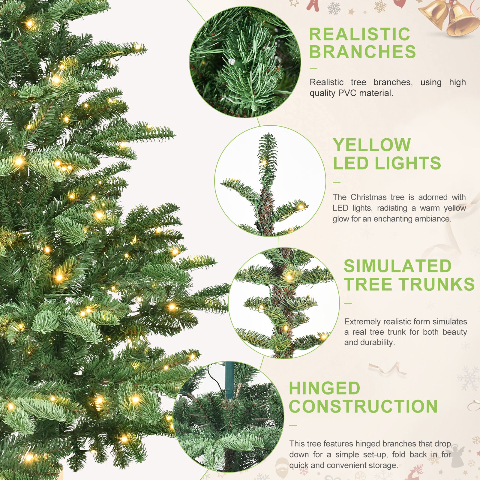 6ft Pre-Lit Christmas Tree with 300 Warm White LED Lights, 611 PE+PVC Tips, Realistic Layered Look, Unique Wooden Base – Full Artificial Holiday Tree for Home Decor