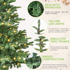 6ft Pre-Lit Christmas Tree with 300 Warm White LED Lights, 611 PE+PVC Tips, Realistic Layered Look, Unique Wooden Base – Full Artificial Holiday Tree for Home Decor