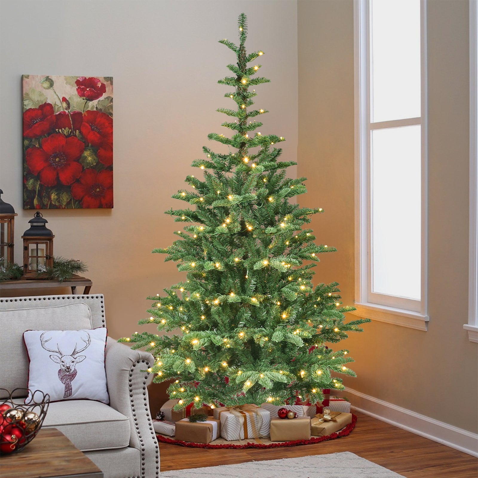 6ft Pre-Lit Christmas Tree with 300 Warm White LED Lights, 611 PE+PVC Tips, Realistic Layered Look, Unique Wooden Base – Full Artificial Holiday Tree for Home Decor