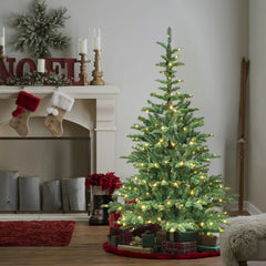 6ft Pre-Lit Christmas Tree with 300 Warm White LED Lights, 611 PE+PVC Tips, Realistic Layered Look, Unique Wooden Base – Full Artificial Holiday Tree for Home Decor