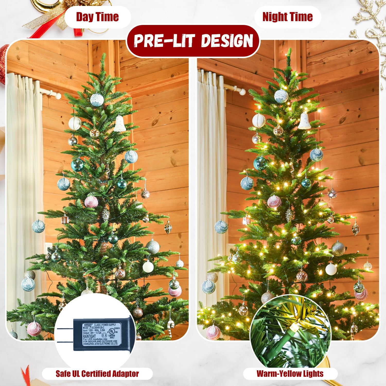 5ft Christmas Tree with 180 Warm White LED Lights, 502 PE+PVC Tips, Auto-Unfold Memory Wire, Hinged Structure & Stable Metal Stand – Easy Assembly Holiday Tree