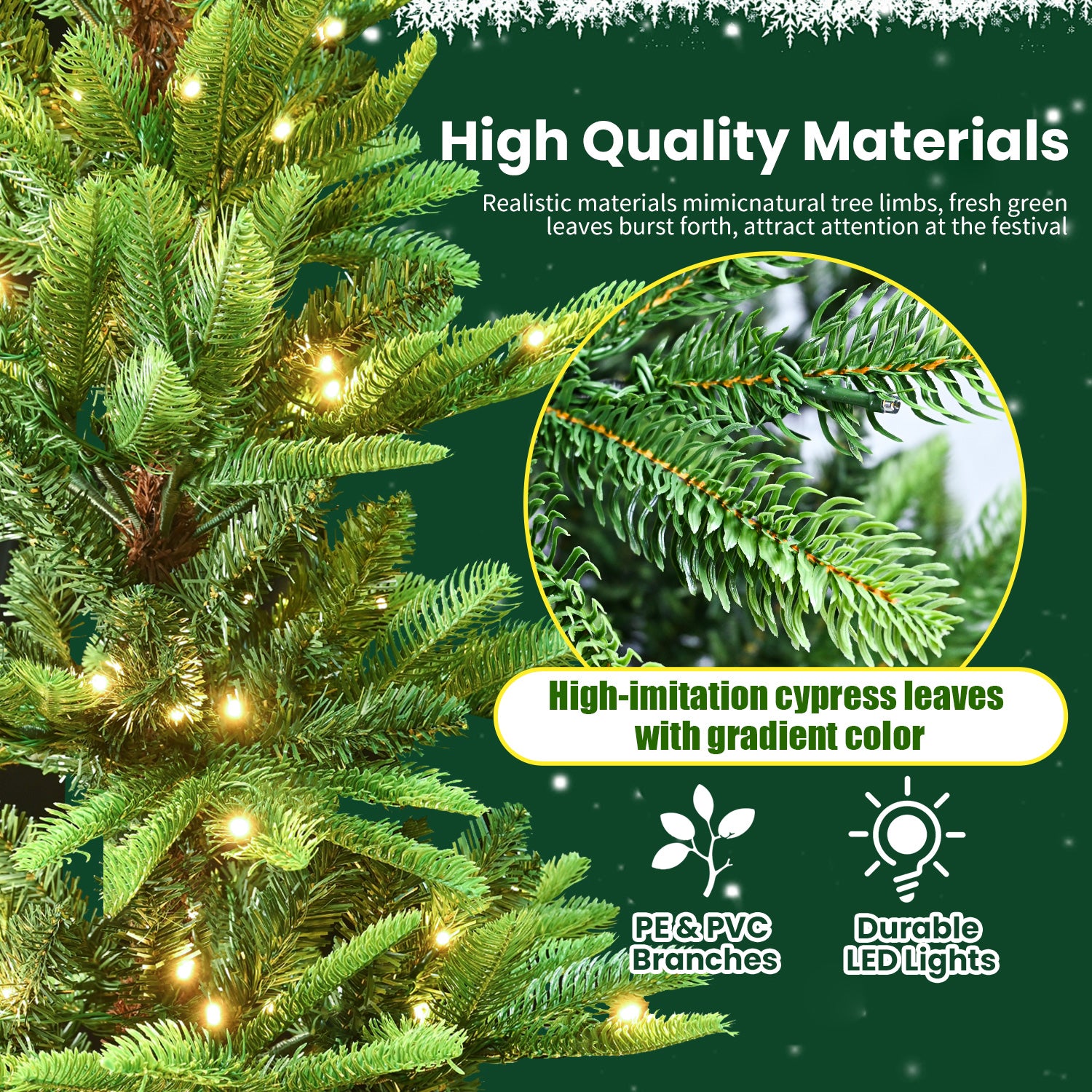 5ft Christmas Tree with 180 Warm White LED Lights, 502 PE+PVC Tips, Auto-Unfold Memory Wire, Hinged Structure & Stable Metal Stand – Easy Assembly Holiday Tree