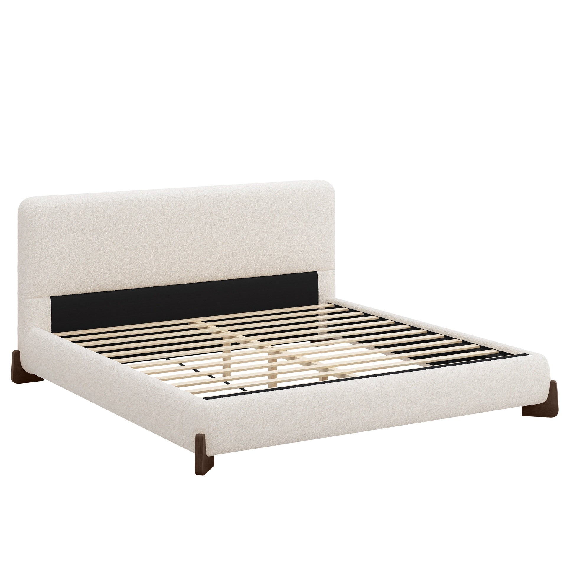 Elegant terry upholstered bed with dark brown solid wood legs, luxurious and comfortable bedroom centerpiece, king size, white