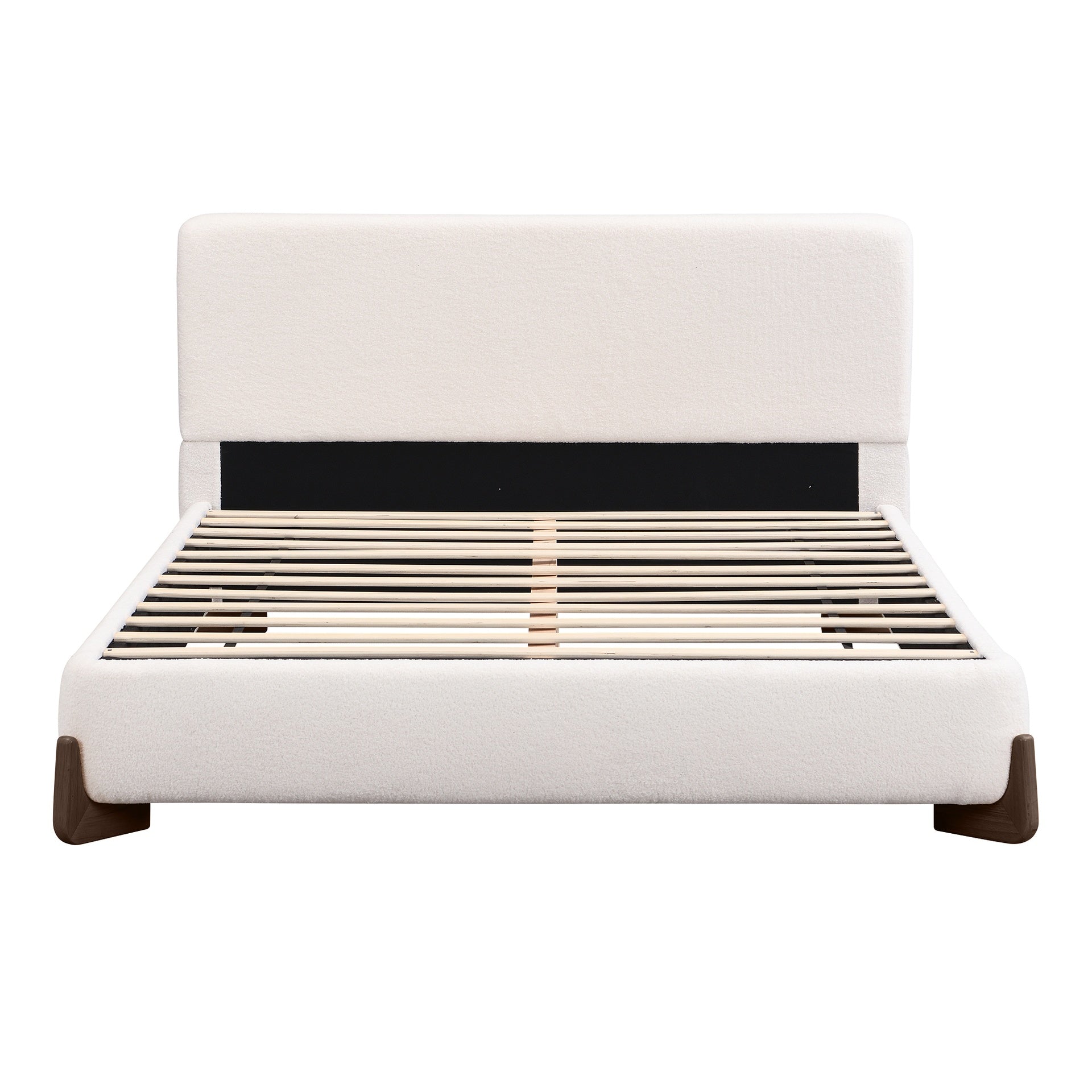 Elegant terry upholstered bed with dark brown solid wood legs, luxurious and comfortable bedroom centerpiece, king size, white