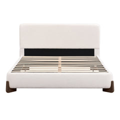Elegant terry upholstered bed with dark brown solid wood legs, luxurious and comfortable bedroom centerpiece, king size, white